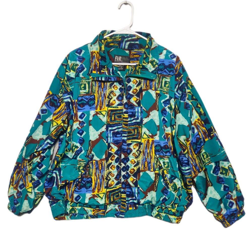 EVR Windbreaker Jacket Women Large Teal Abstract Geometric Zip Up Vintage 90s